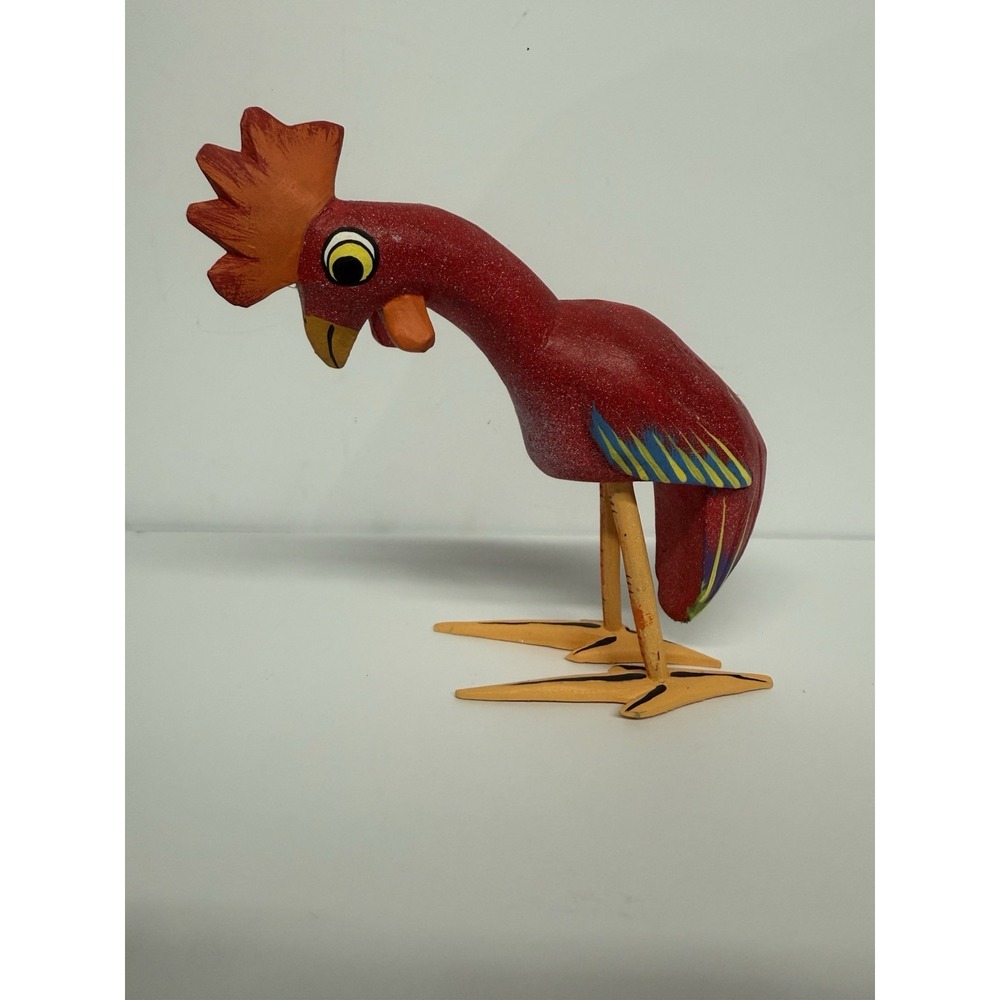 Hand Carved Wooden Folk Art Quirky Colorful Rooster Figure Artist Signed